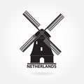 Netherlands and Amsterdam symbol. Windmill icon or sign isolated on white background. Mill silhouette. Vector illustration.