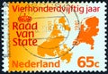 NETHERLANDS - CIRCA 1981: A stamp printed in the Netherlands shows council of State Emblem and Maps of 1531 and 1981, circa 1981.