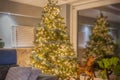 The Netherlands, Friesland. 5 january- 2020. Nicely decorated living room with Christmas tree, a wooden vintage rocking horse