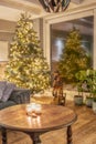 The Netherlands, Friesland. 5 january- 2020. Nicely decorated living room with Christmas tree, a wooden vintage rocking horse