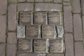 World War Two. Stumbling stones, or stolpersteine are memorial brass plates placed into the pavement outside certain houses or dep