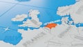 The Netherlands highlighted on a white simplified 3D world map. Digital 3D render