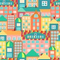 Seamless pattern urban colorful houses. Cats on rooftops. Vector illustration Royalty Free Stock Photo