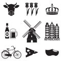 Netherlands icon set on white background. Holland and Amsterdam symbols: wind mill, tulips, bicycle, beer. Travel design. Royalty Free Stock Photo
