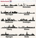 Netherlands largest cities skylines silhouettes Royalty Free Stock Photo