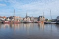 Pleasure yachts and sail boats in the port of Lemmer in Friesland, Netherlands