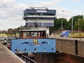 Inland bulk cargo ship Gaasperland, home port Arnhem city, in the lock chamber, aft with superstructures and wheelhouse