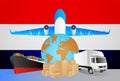 Netherlands logistics concept illustration. National flag of Netherlands from the back of globe, airplane, truck and cargo Royalty Free Stock Photo