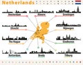 Netherlands map with largest cities skylines silhouettes