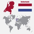 Netherlands map on a world map with flag and map pointer. Vector illustration Royalty Free Stock Photo