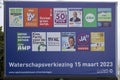 Netherlands, March 2023 -Board with election posters for the provincial and water board elections