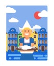 Netherlands Poster In Simple Flat Style, Vector Illustration. Smiling Girl In Traditional Dutch Costume Holding Dish