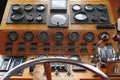 Instrument panel of a twin-engine, older motor yacht, instruments