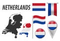 NETHERLANDS. Set flag, map pointer, button, waving flag, symbol, flat icon and map in the colors of the national flag. Vector Royalty Free Stock Photo