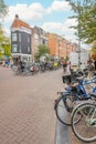 Lots of Parked Bicycles on the Street of Amsterdam Royalty Free Stock Photo