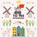 Netherlands travel poster, vector illustration. Symbols of main Dutch tourist attractions, simple icons in flat style Royalty Free Stock Photo