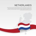 Netherlands wavy flag and mosaic map on white background. Netherlands flag wavy ribbon. National poster. Business booklet. Vector