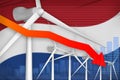 Netherlands wind energy power lowering chart, arrow down - green natural energy industrial illustration. 3D Illustration