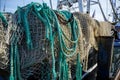 Nets and ropes, equipment on a fishing boat in the harbor Royalty Free Stock Photo