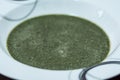 Nettle cream green soup in white plate Royalty Free Stock Photo