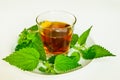 Nettle infusion with nettle leaves in a transparent cup