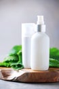 Nettle lotion, cream, shampoo or soap in white bottle and fresh nettles leaves on grey background. Medicinal herb for health and