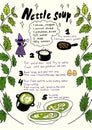 Nettle soup. Summer grass soup recipe. Cooking food Ingredients. Hand drawn sketch. Vector cartoon infographic set.