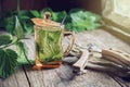 Nettle tea or infusion, nettle plants and garden pruner on wooden table. Royalty Free Stock Photo