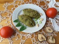 Nettles puff pies, cooked green pastry with vegetables