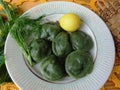 Nettles ravioli with mushrooms, dough, wild plants and vegetables recipes Royalty Free Stock Photo