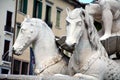 Nettuno fountain, horses, white romantic sculpture, detail and trees, in Conegliano Veneto, Treviso, Italy