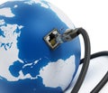 Network cable connected to the blue globe Royalty Free Stock Photo