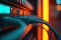 Network cable connecting server, data center with glowing lights. Fast wired connection, cyber security, data transfer. Modern Royalty Free Stock Photo