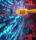 Network cable connecting to digital data stream with vibrant binary code background