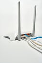 Network cable connects to wireless router, router, internet, global network.