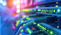 Network cables connected to server with glowing lights representing data transfer, communication, internet infrastructure, and Royalty Free Stock Photo