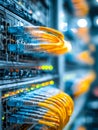 Network cables connected to a server rack in a data center Royalty Free Stock Photo