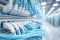 Network cables connected to server racks in a modern data center during the day Royalty Free Stock Photo