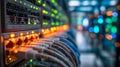 Network cables connected to a server switch with glowing indicator lights in a modern data center showcasing advanced technology Royalty Free Stock Photo