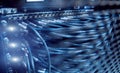 Network cables connected to switch. Server racks, server room. Royalty Free Stock Photo