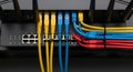 Network cables and network hub equipment facilitate fast internet data communication Royalty Free Stock Photo