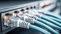 Network cables are plugged into a server, showing connectivity and data transfer. Royalty Free Stock Photo