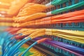 Network cables in vibrant orange and yellow shades organized in server racks visualizing efficient data transfer and structured