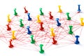 Network with colorful pins and string,  linked together with string on a white background suggesting a network of connections Royalty Free Stock Photo