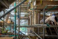 Network of complex scaffolding for major roof renovation of historic building at Dyrham Park, Gloucestershire, UK