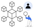 Network of Connected Blocks with User Profile and Figure Observing Diagram Royalty Free Stock Photo