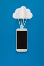 Network connection and cloud storage technology concept. Data communications and cloud computing network concept. Smart phone flyi Royalty Free Stock Photo