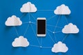 Data communications and cloud computing network concept. Smart phone flying on paper cloud. Royalty Free Stock Photo
