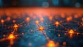 Network connection illustration with glowing orange nodes and lines on a blue dark background. Nodes are connected by lines to Royalty Free Stock Photo