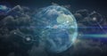 Network of connection over spinning globe against clouds in blue sky Royalty Free Stock Photo